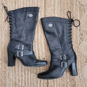 Harley-Davidson Black Leather Lace-Up Mid-Calf Heeled Boots with Buckles